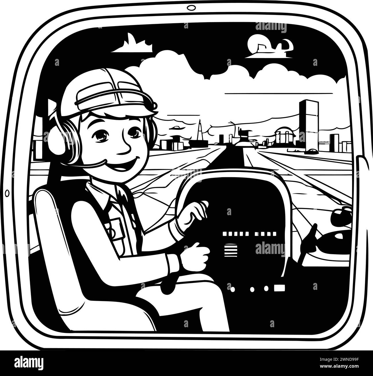 Vektor-Illustration eines Jungen in einem Pilotenhelm, der ein Auto fährt Stock Vektor