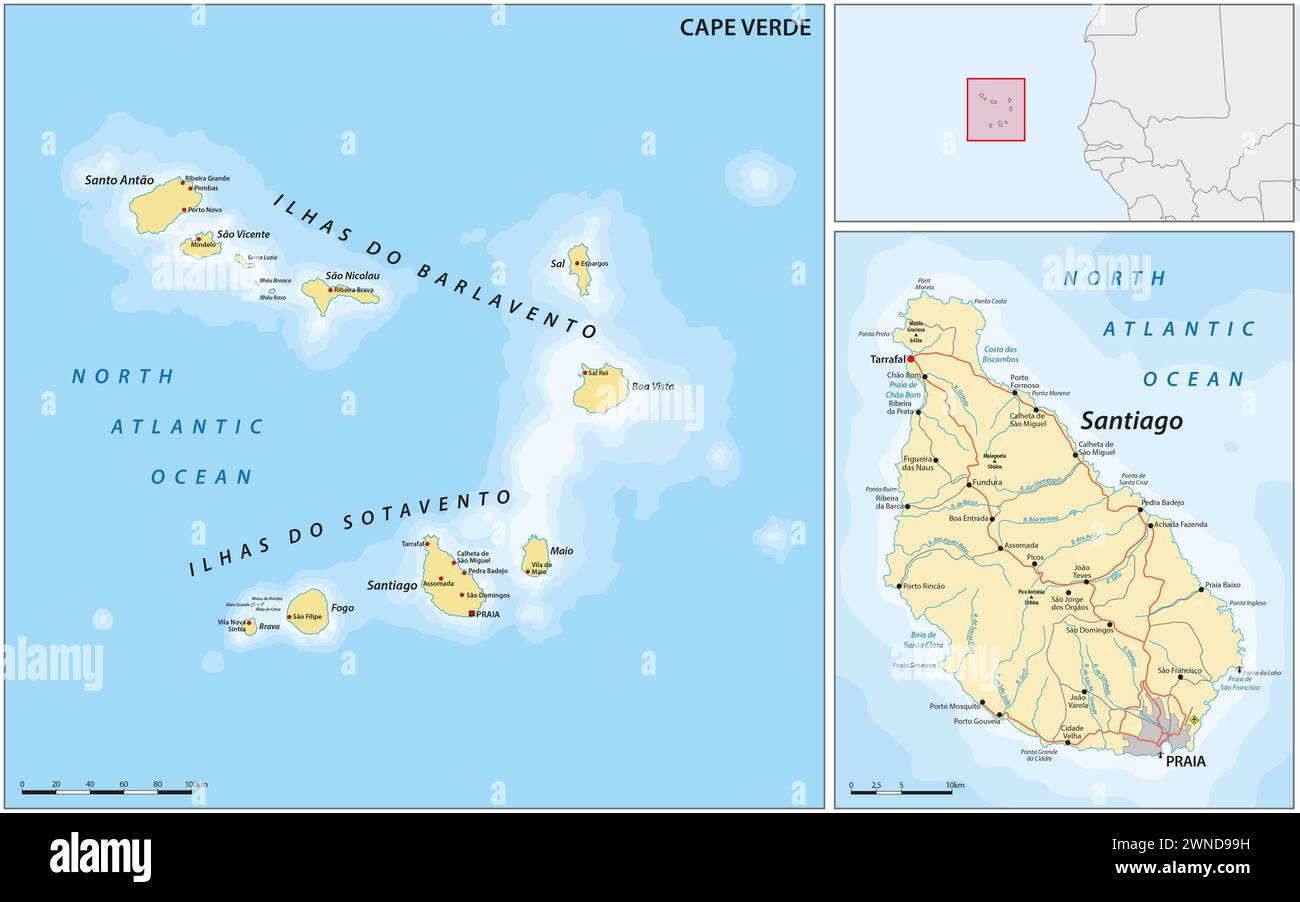 Detaillierte Vektorkarte der Kapverdischen Inseln Stockfoto