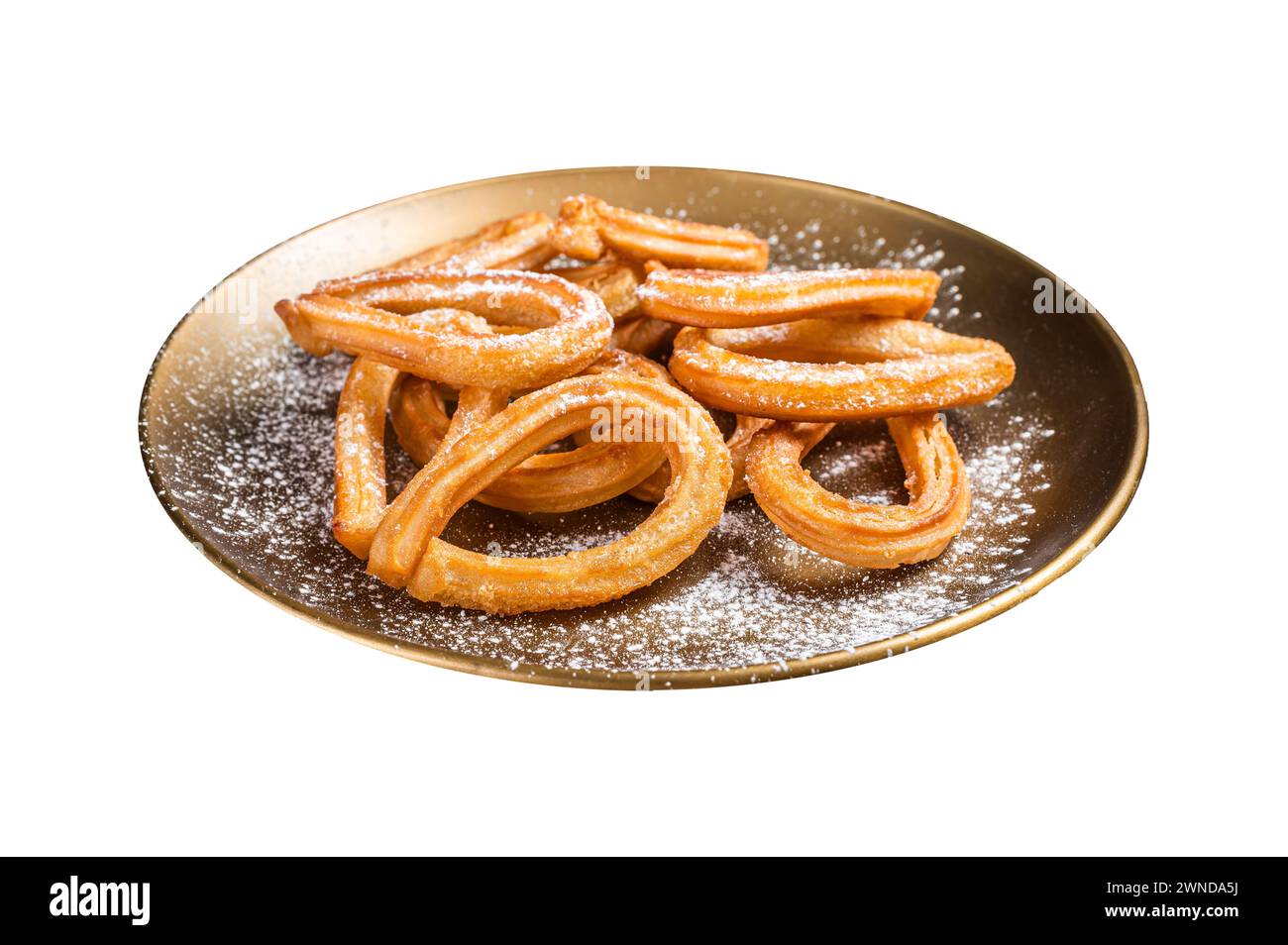 Spanisches Dessert-Churros mit heißer, scharfer Schokolade. Isoliert auf weißem Hintergrund. Draufsicht Stockfoto