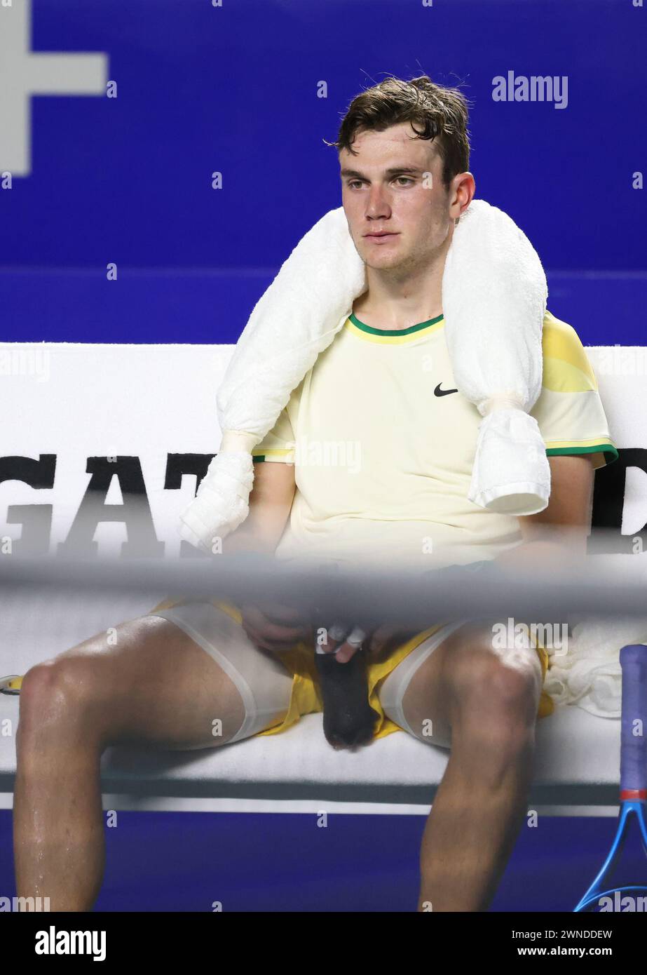 Acapulco, Mexiko. März 2024. Jack Draper aus Großbritannien reagierte im Halbfinalspiel gegen Alex de Minaur aus Australien beim ATP Mexican Open Tennis-Turnier 2024 in Acapulco, Mexiko, am 1. März 2024. Quelle: Li Mengxin/Xinhua/Alamy Live News Stockfoto