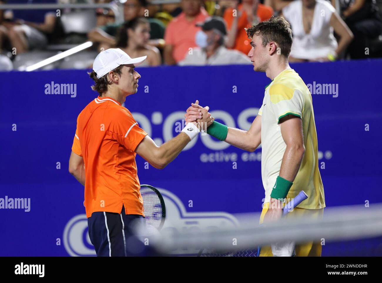 Acapulco, Mexiko. März 2024. Alex de Minaur (L) aus Australien schüttelt sich nach ihrem Halbfinalspiel beim ATP Mexican Open-Tennisturnier 2024 in Acapulco, Mexiko, am 1. März 2024 die Hand mit Jack Draper aus Großbritannien. Quelle: Li Mengxin/Xinhua/Alamy Live News Stockfoto