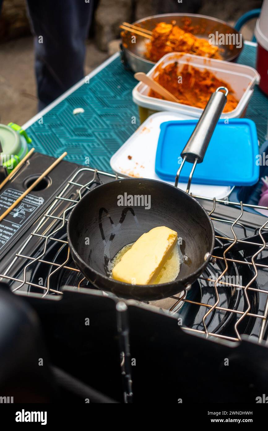 Februar 2024, Dehradun City Uttarakhand, Indien. Zubereitung von Mahlzeiten im Freien: Grillen Paneer Tikka auf dem Campingofen - Camping und Picknick Stockfoto