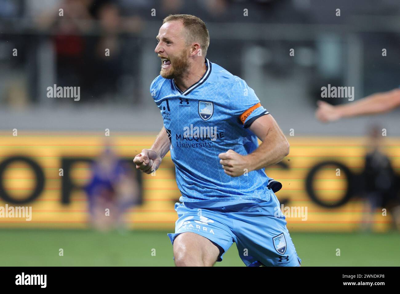 Sydney, Australien. März 2024. Rhyan Grant vom Sydney FC feiert ein Tor beim Isuzu UTE, Einem Ligaspiels zwischen Western Sydney Wanderers und Sydney FC, am 2. März 2024 im CommBank Stadium in Sydney, Australien. Foto von Peter Dovgan. Nur redaktionelle Verwendung, Lizenz für kommerzielle Nutzung erforderlich. Keine Verwendung bei Wetten, Spielen oder Publikationen eines einzelnen Clubs/einer Liga/eines Spielers. Quelle: UK Sports Pics Ltd/Alamy Live News Stockfoto