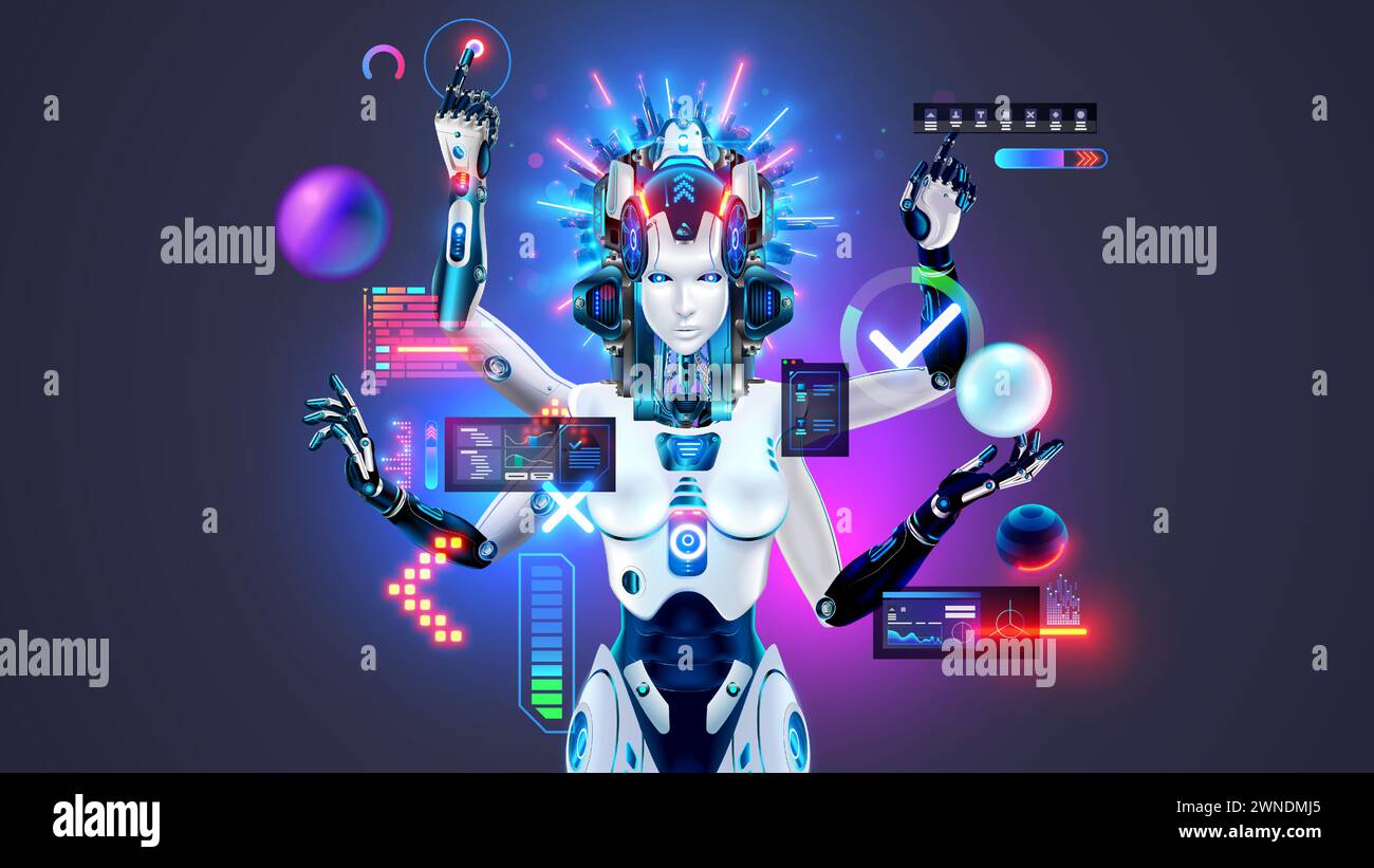 KI im Bild eines weiblichen Roboters funktioniert mit Computerschnittstelle. Roboter mit künstlicher Intelligenz. Roboterfrau mit vier Armen im Bild der Göttin Kali. AI n Stock Vektor