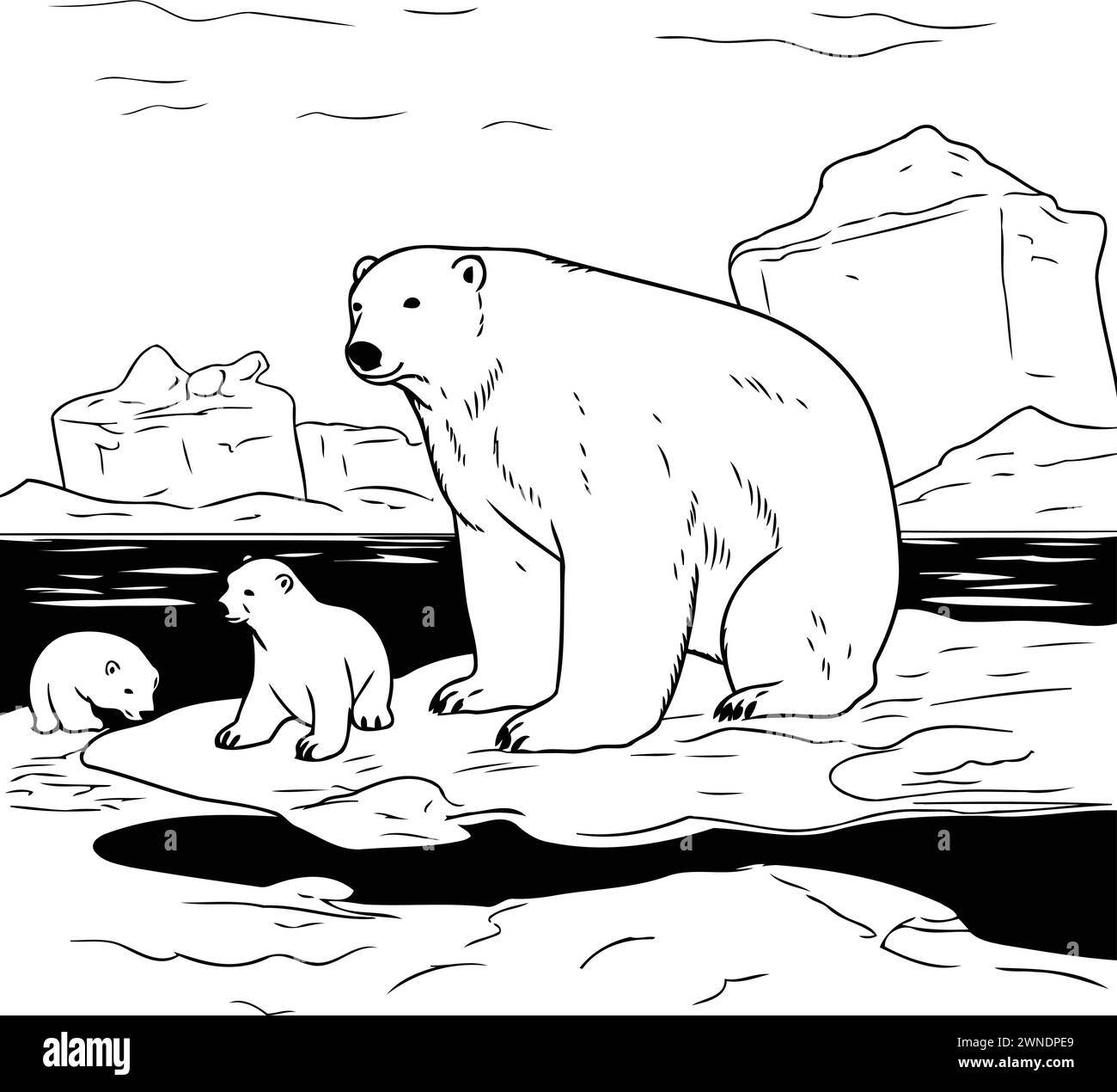 Eisbär mit Jungtier auf dem Eis. Schwarz-weiße Vektor-Illustration. Stock Vektor