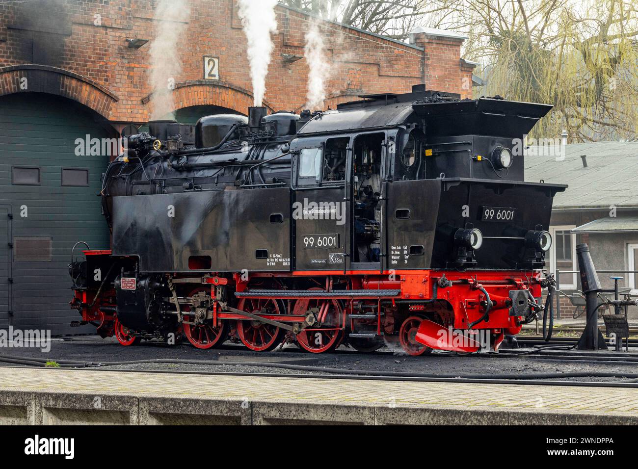 Gernrode, Deutschland 26. Februar 2024: Im Bild: Dampflok 99 6001 der HSB im Bahnhof Gernrode vor dem Lokschuppen Sachsen-Anhalt *** Gernrode, Deutschland 26. Februar 2024 im Bild Dampflok 99 6001 der HSB am Bahnhof Gernrode vor dem Lokschuppen Sachsen-Anhalt Copyright: XFotostandx/xReissx Stockfoto