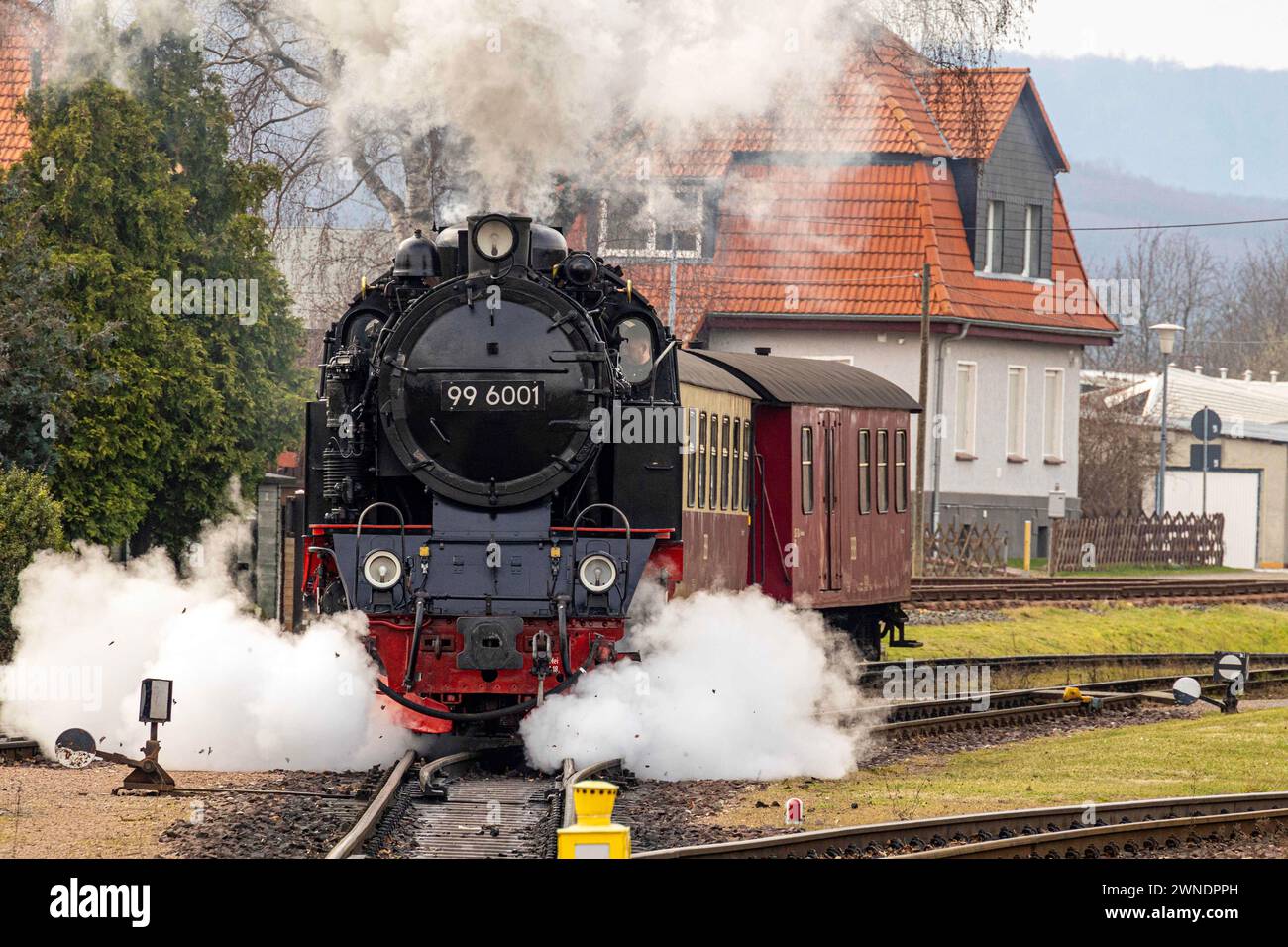 Gernrode, Deutschland 26. Februar 2024: Im Bild: Dampflok 99 6001 der HSB im Bahnhof Gernrode Sachsen-Anhalt *** Gernrode, Deutschland 26. Februar 2024 im Bild Dampflok 99 6001 der HSB am Bahnhof Gernrode Sachsen-Anhalt Copyright: XFotostandx/xReissx Stockfoto