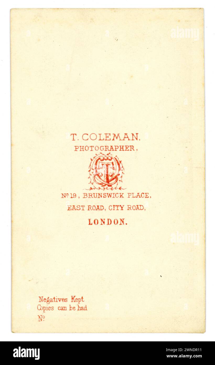 Rückseite der original viktorianischen Carte de Visite (Visitenkarte oder CDV) um 1864 aus dem Fotostudio von Coleman of No 19 Brunswick Place, East Rd, London Stockfoto