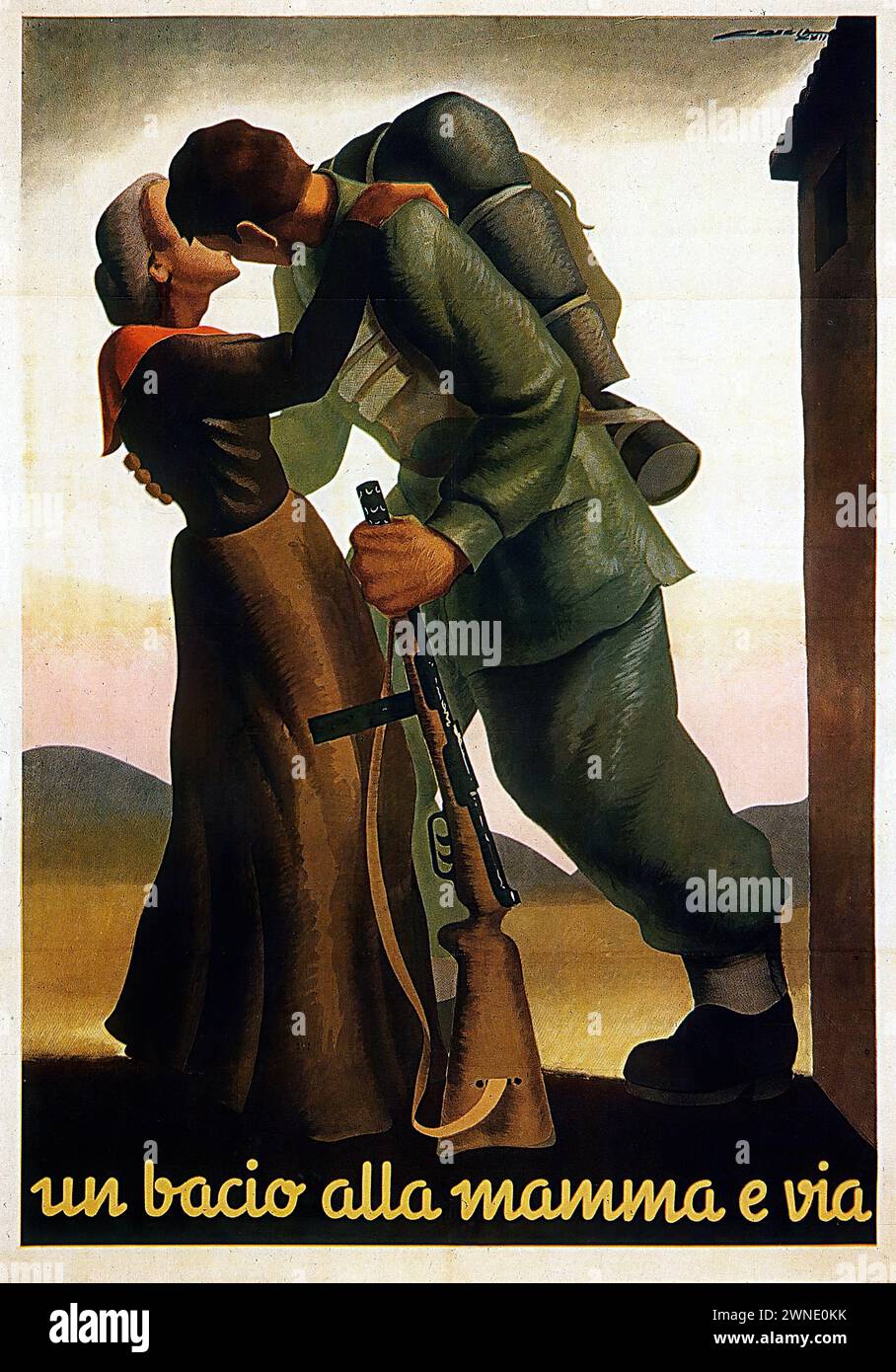 „un bacio alla mamma e Via“ [„ein Kuss an die Mutter und los“] italienische Vintage-Werbung, in der ein Soldat seine Mutter auf Wiedersehen küsst, was den Abschied in den Krieg bedeutet. Das Bild hat einen ergreifenden, realistischen Stil mit gedämpften Erdtönen und emotionalen Inhalten. Stockfoto