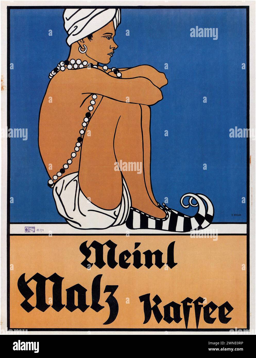 „Meinl Malz Kaffee“ Vintage-Werbung. Dieses Poster zeigt eine sitzende Figur in einem exotisierten Kostüm, die Meinls Malzkaffee anpreist. Der Stil enthält Elemente des Orientalismus und des Jugendstils, die in der europäischen Handelskunst des frühen 20. Jahrhunderts beliebt sind. Stockfoto