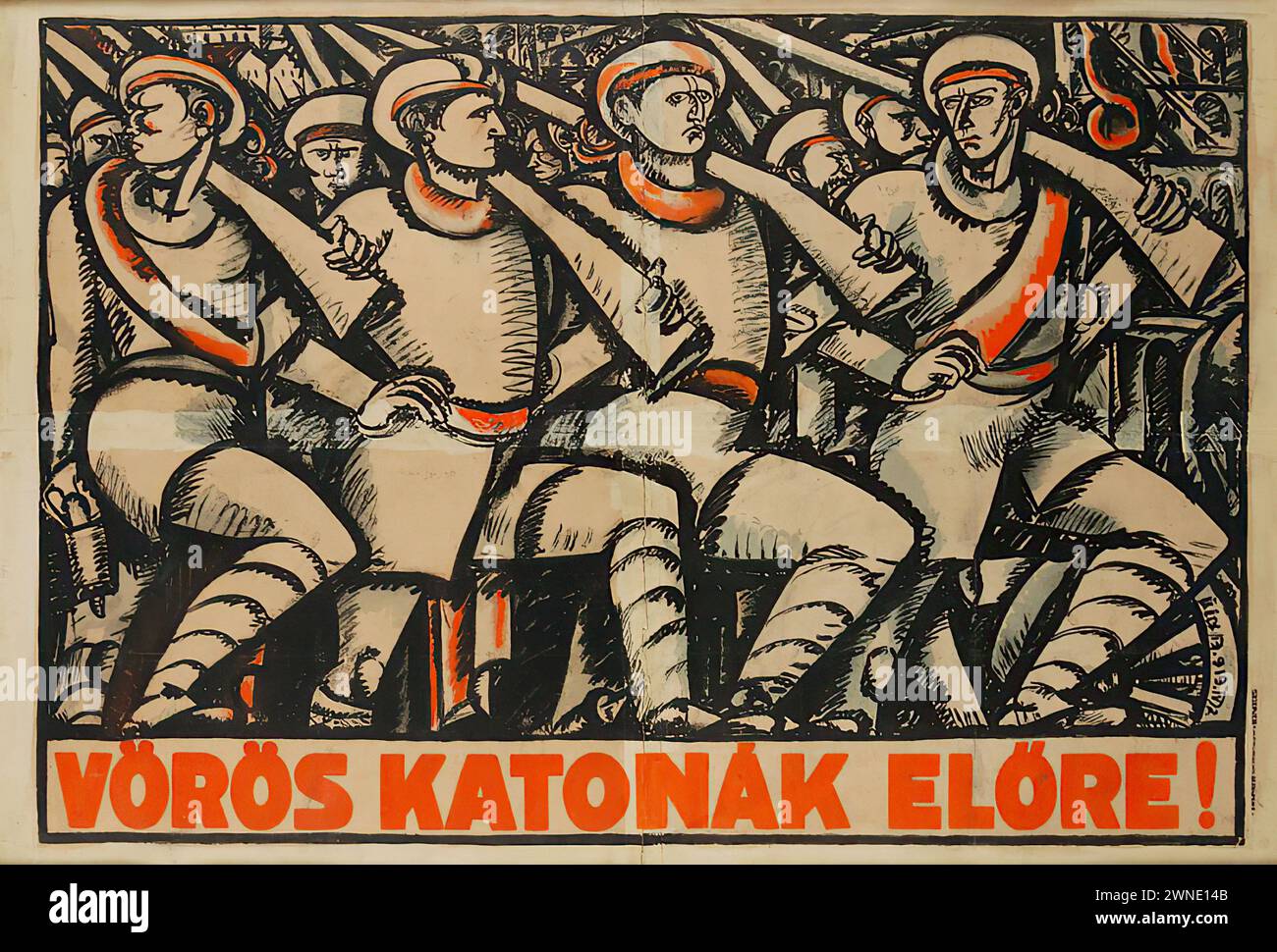 „VÖRÖS KATONÁK ELŐRE!“ [„ROTE SOLDATEN VORWÄRTS!“] Vintage-Werbebild mit einer Gruppe entschlossener Soldaten in Rot und weiß, mit einem starken expressionistischen Stil, der durch auffällige Linien und kontrastreiche Farben gekennzeichnet ist. Stockfoto