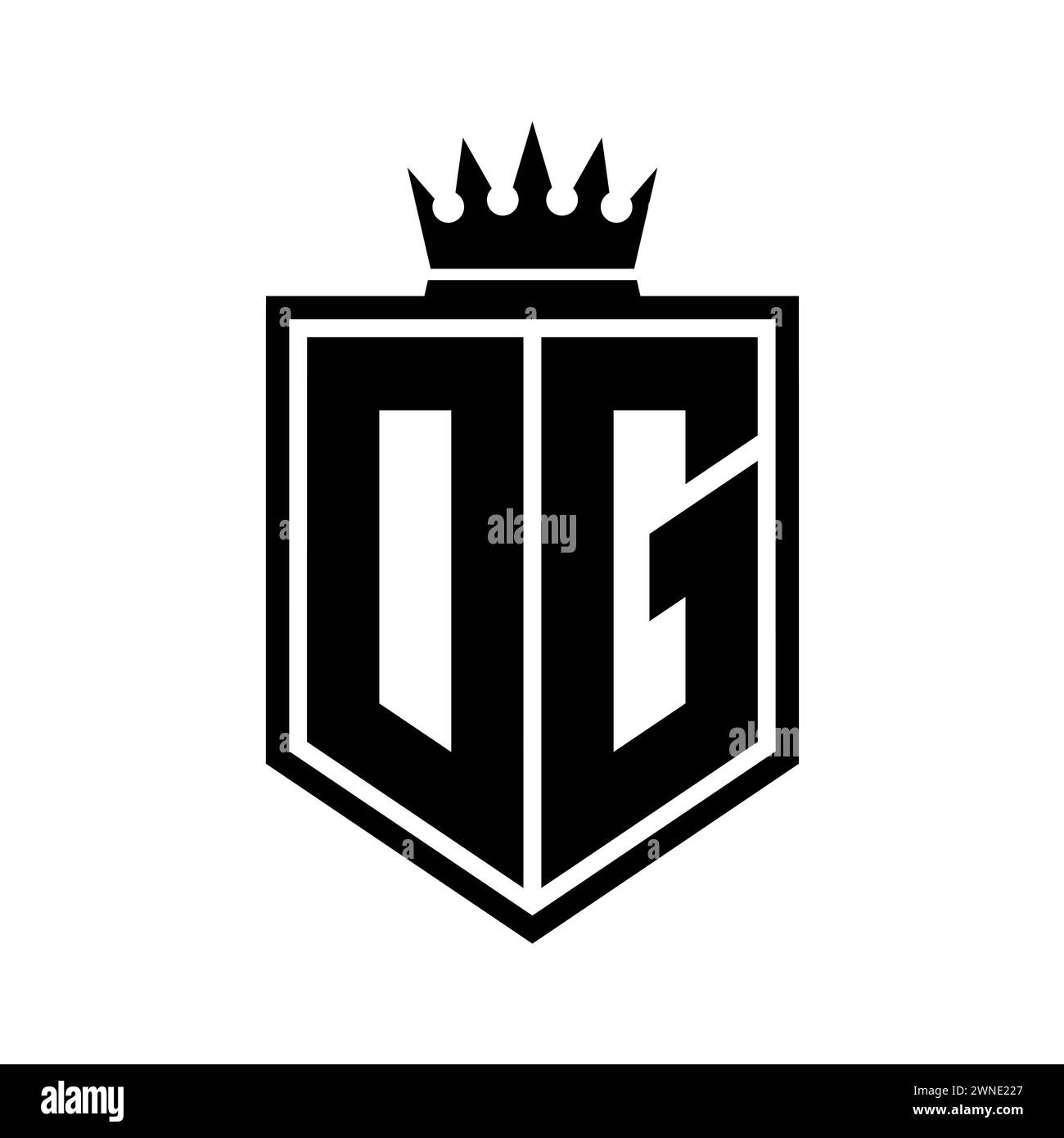 DG Letter Logo-Monogramm auffällige geometrische Form mit Kronenumrandung in Schwarz und weiß Stockfoto