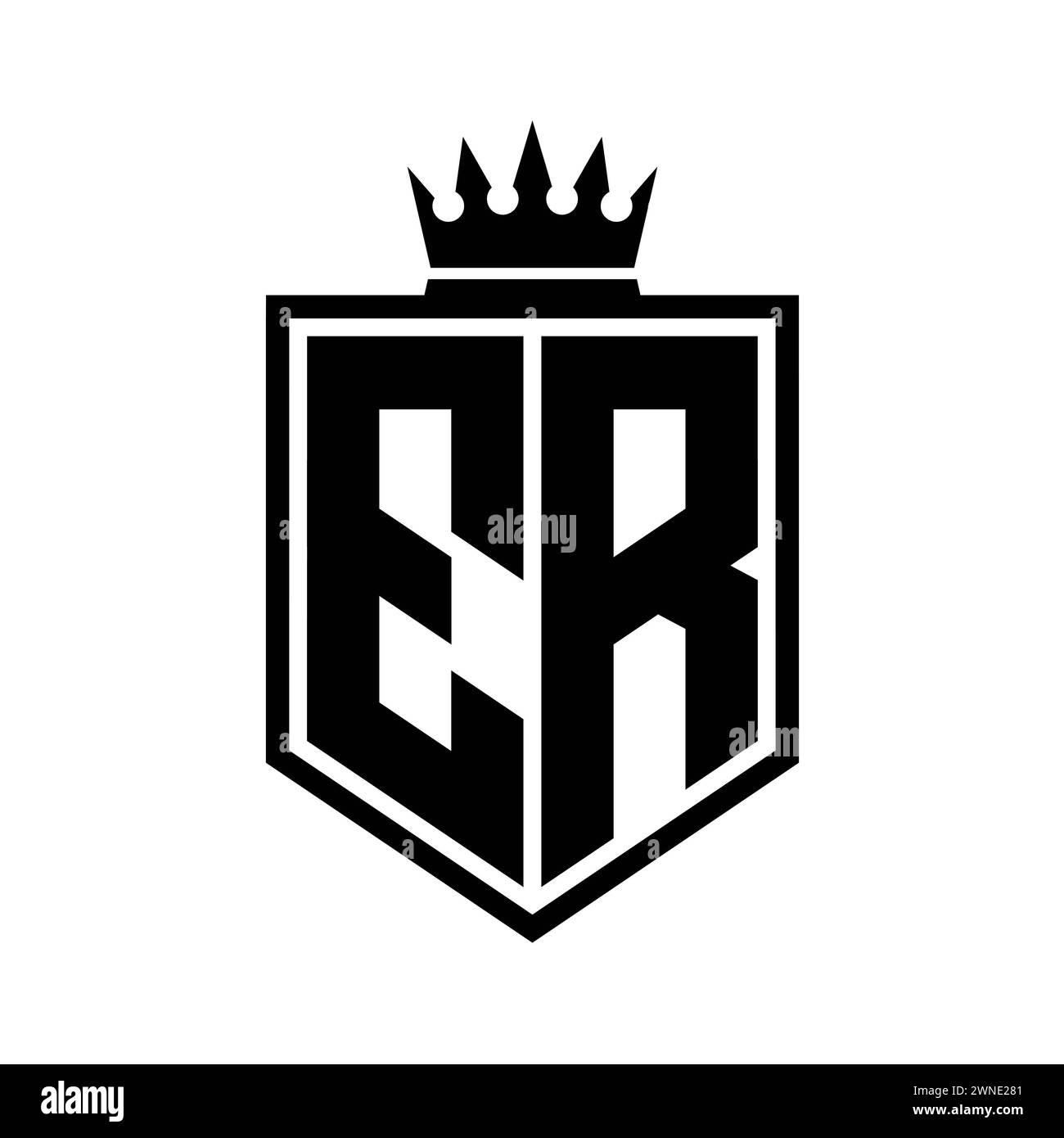 ER Letter Logo Monogramm auffällige geometrische Form mit Kronenumrandung in Schwarz und weiß Stockfoto