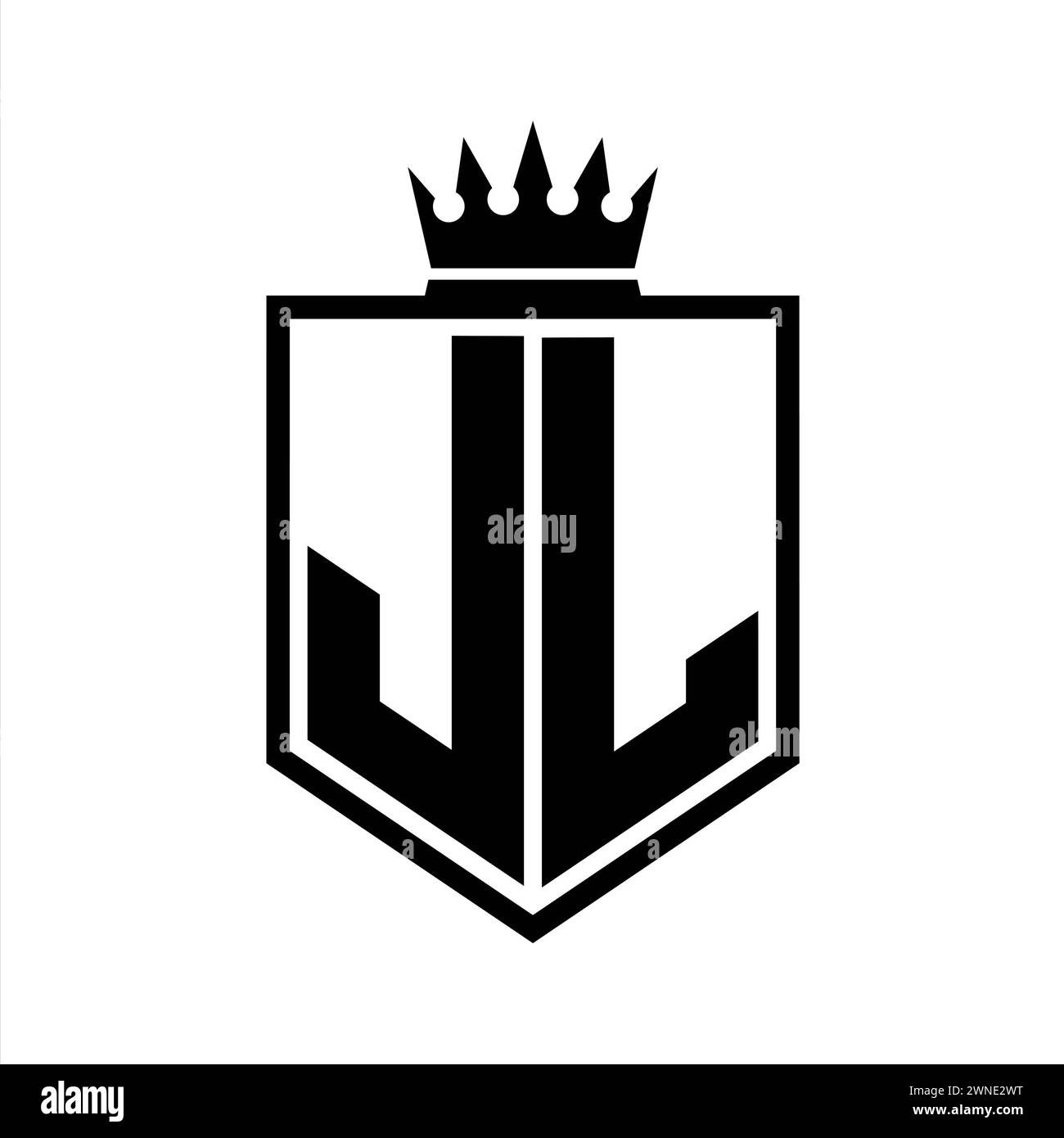 JL Letter Logo-Monogramm auffällige geometrische Form mit Kronenumrandung in Schwarz und weiß Stockfoto