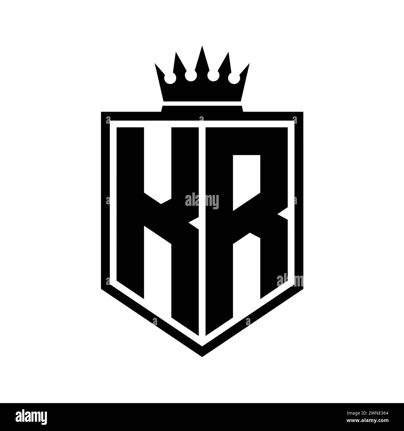 KR Letter Logo Monogramm auffällige geometrische Form mit Kronenumrandung in Schwarz und weiß Stockfoto