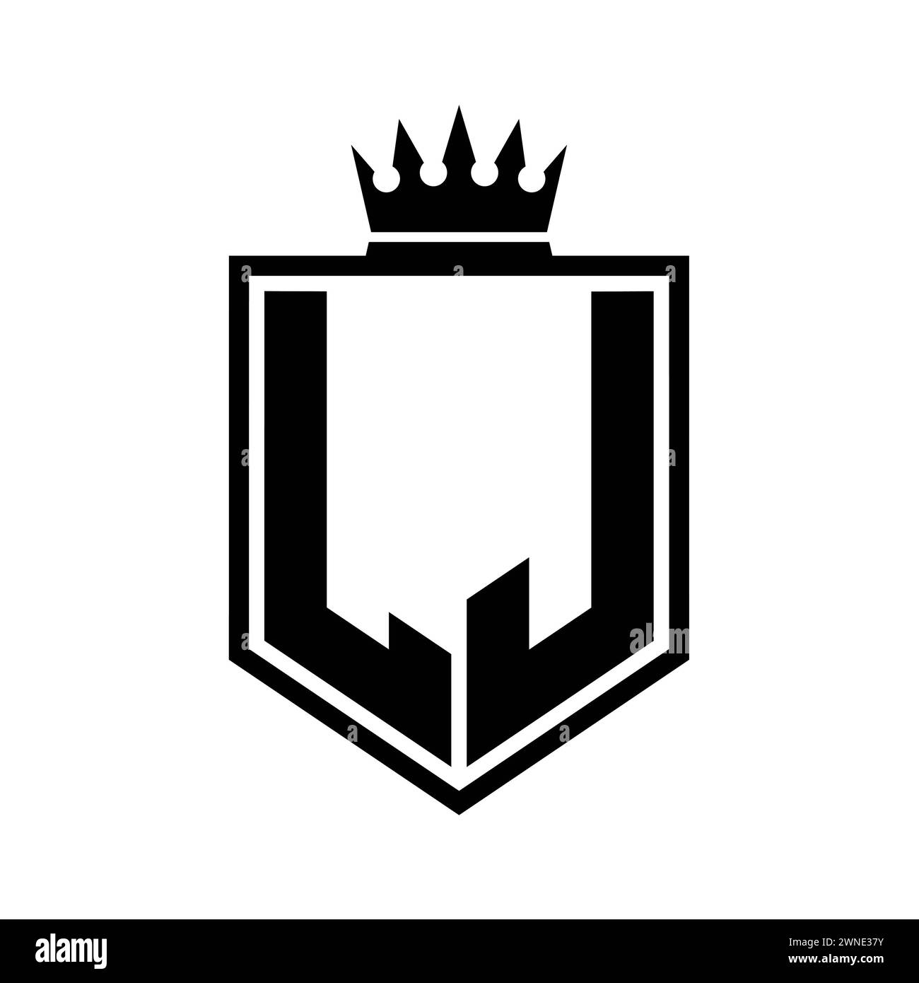 LJ Letter Logo-Monogramm auffällige geometrische Form mit Kronenumrandung in Schwarz und weiß Stockfoto