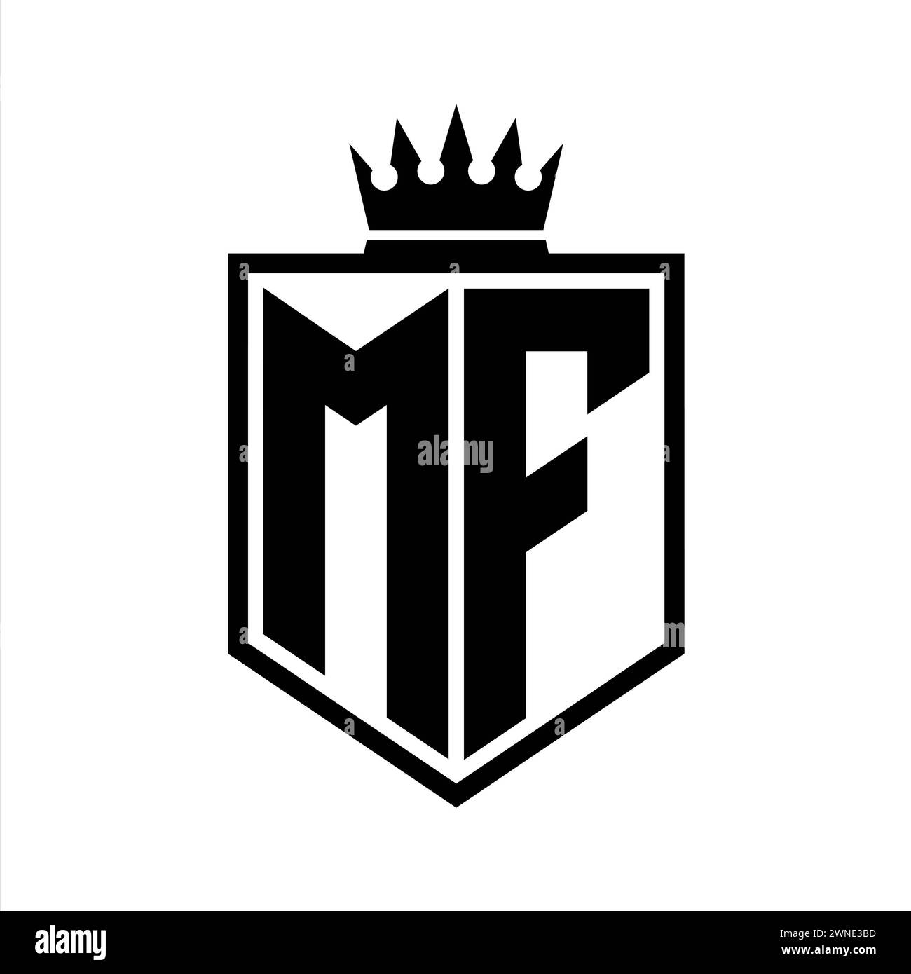 MF Letter Logo Monogramm auffällige geometrische Form mit Kronenumrandung in Schwarz und weiß Stockfoto