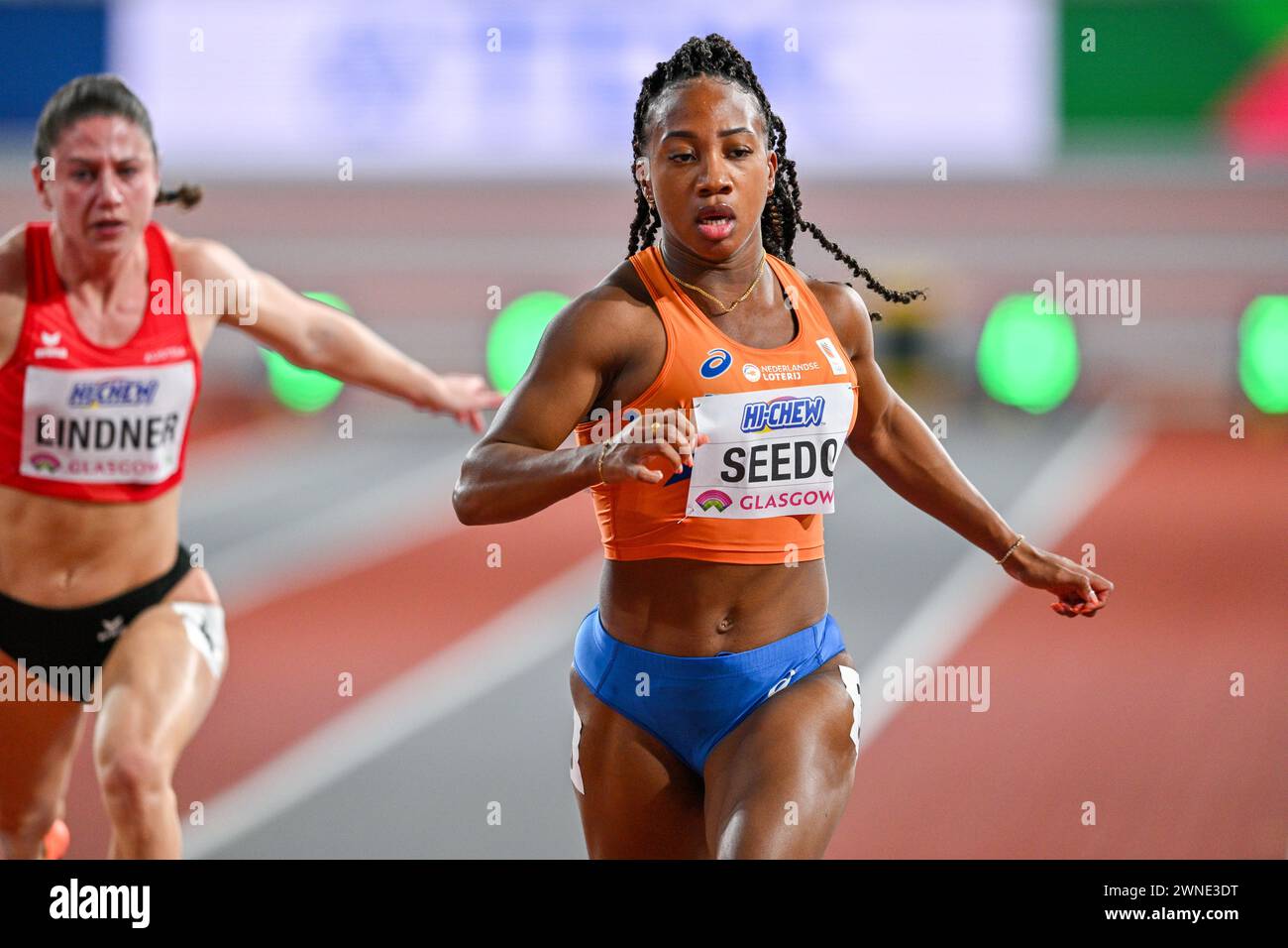 Glasgow, Großbritannien. März 2024. GLASGOW, VEREINIGTES KÖNIGREICH - 2. MÄRZ: N'Ketia Seedo aus den Niederlanden trat am 2. März 2024 in Glasgow in der Emirates Arena am 2. März 2024 in Glasgow, Vereinigtes Königreich an der 60-m-Weltmeisterschaft der Frauen an. (Foto von Andy Astfalck/BSR Agency) Credit: BSR Agency/Alamy Live News Stockfoto