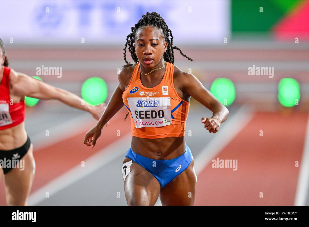 Glasgow, Großbritannien. März 2024. GLASGOW, VEREINIGTES KÖNIGREICH - 2. MÄRZ: N'Ketia Seedo aus den Niederlanden trat am 2. März 2024 in Glasgow in der Emirates Arena am 2. März 2024 in Glasgow, Vereinigtes Königreich an der 60-m-Weltmeisterschaft der Frauen an. (Foto von Andy Astfalck/BSR Agency) Credit: BSR Agency/Alamy Live News Stockfoto