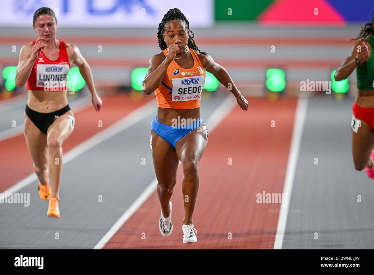 Glasgow, Großbritannien. März 2024. GLASGOW, VEREINIGTES KÖNIGREICH - 2. MÄRZ: N'Ketia Seedo aus den Niederlanden trat am 2. März 2024 in Glasgow in der Emirates Arena am 2. März 2024 in Glasgow, Vereinigtes Königreich an der 60-m-Weltmeisterschaft der Frauen an. (Foto von Andy Astfalck/BSR Agency) Credit: BSR Agency/Alamy Live News Stockfoto