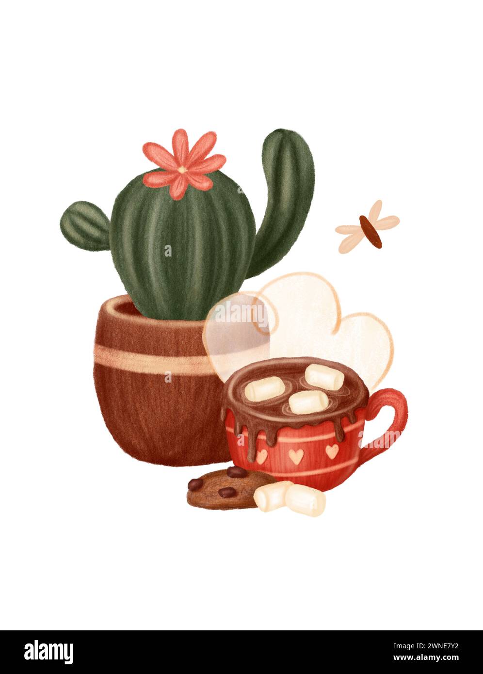 Postkartendesign. Illustration im Zeichentrickstift-Stil. Tassen mit Kakao und Marshmallows. Kakteen. Spot-Pflanze Stockfoto