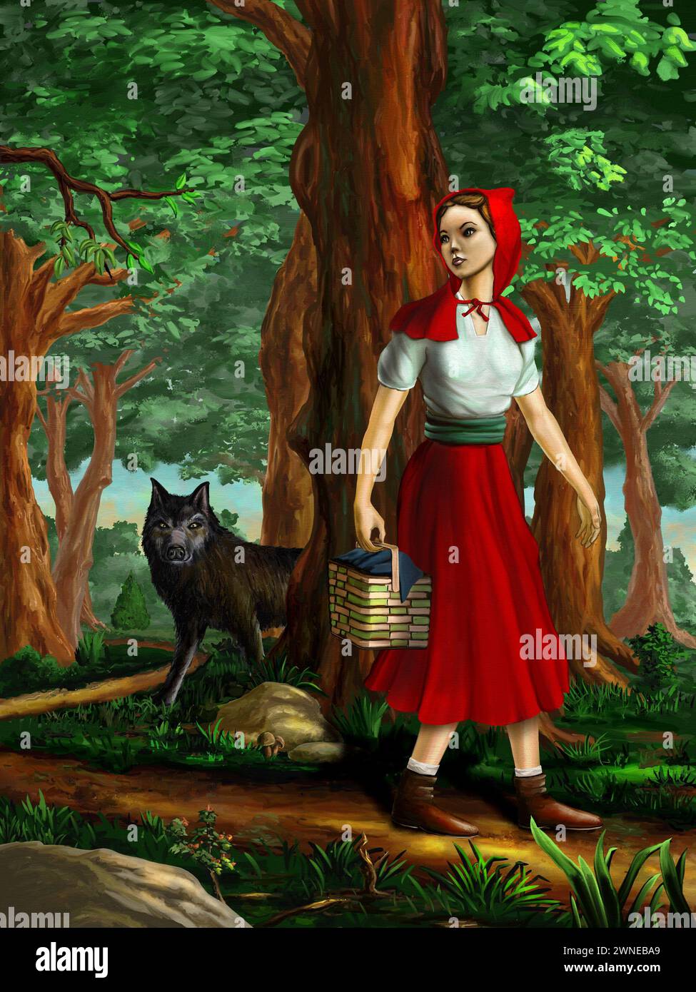Rote Reithaube, die durch den Wald geht. Digitales Malen. Stockfoto