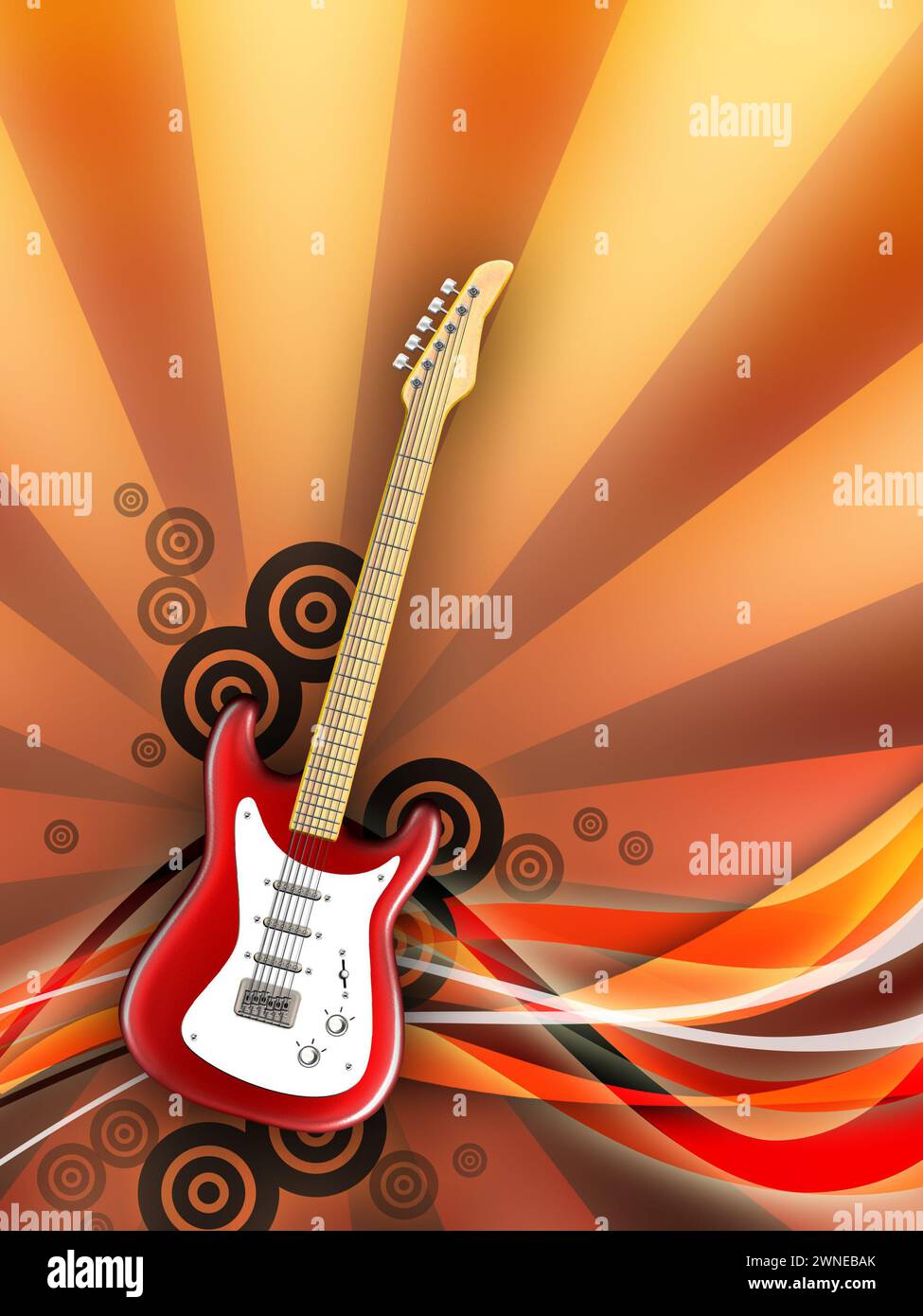 Elektrische Gitarre auf warmem Hintergrund. Digitale Illustration. Stockfoto