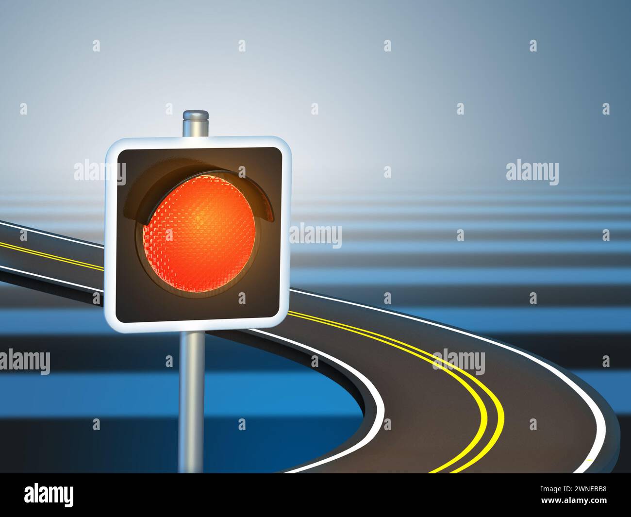Rote Ampel über einer gekrümmten Straße. Digitale Illustration. Stockfoto