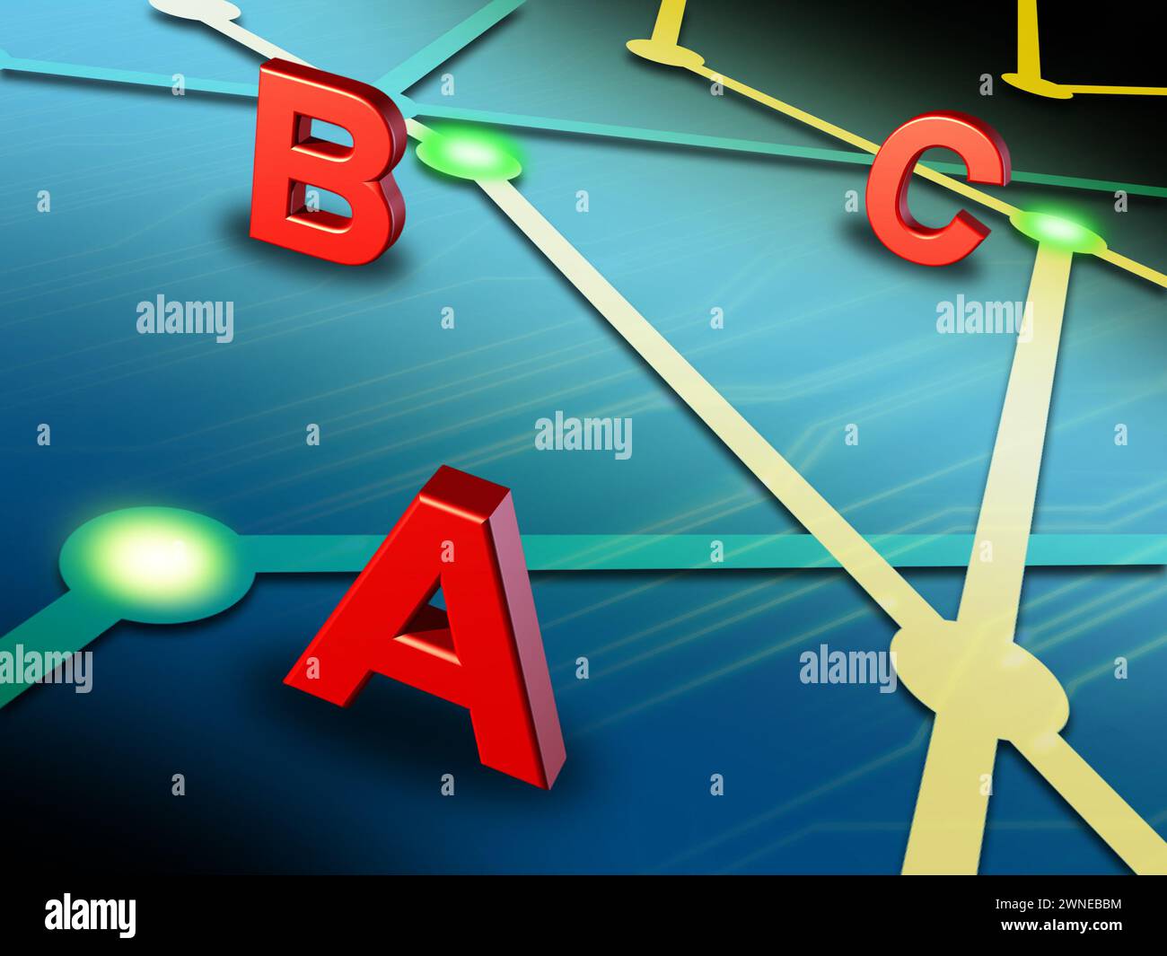 Wechsel von A nach B nach C in einem Netzwerk. Digitale Illustration. Stockfoto