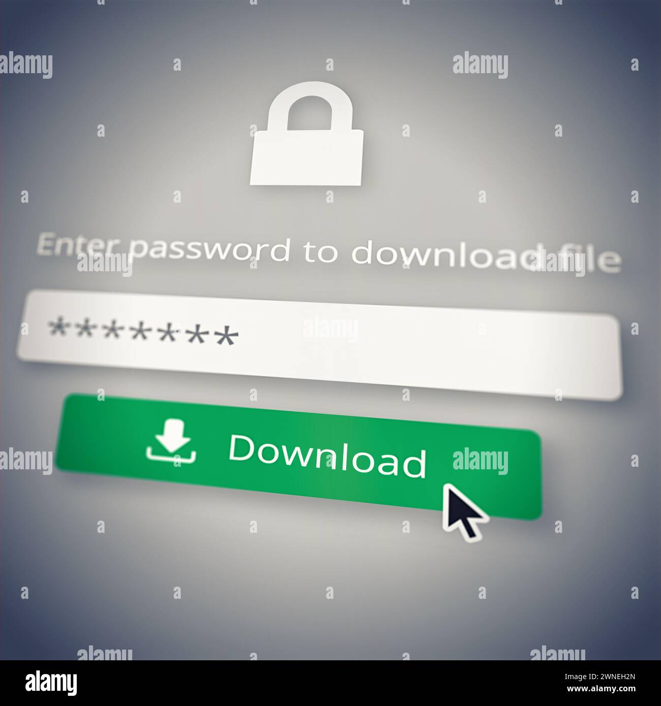 Cybersicherheit, Download und Passwort mit Symbol auf dem Bildschirm, um sie auszuwählen, oder klicken Sie auf das Symbol für den Zugriff. Computer-, Code- oder Datenschutz mit eingeschaltetem Cursor Stockfoto