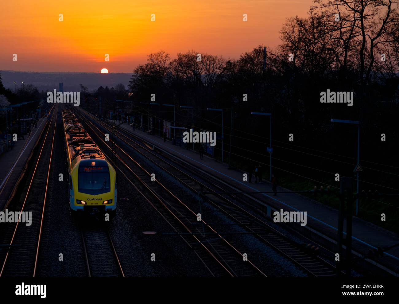 Zug, Privatbahn Go-Ahead, bwegt, die Dachmarke des Personennahverkehrs in Baden-Württemberg, Sonnenuntergang, Abendstimmung, Sommerrain Stockfoto