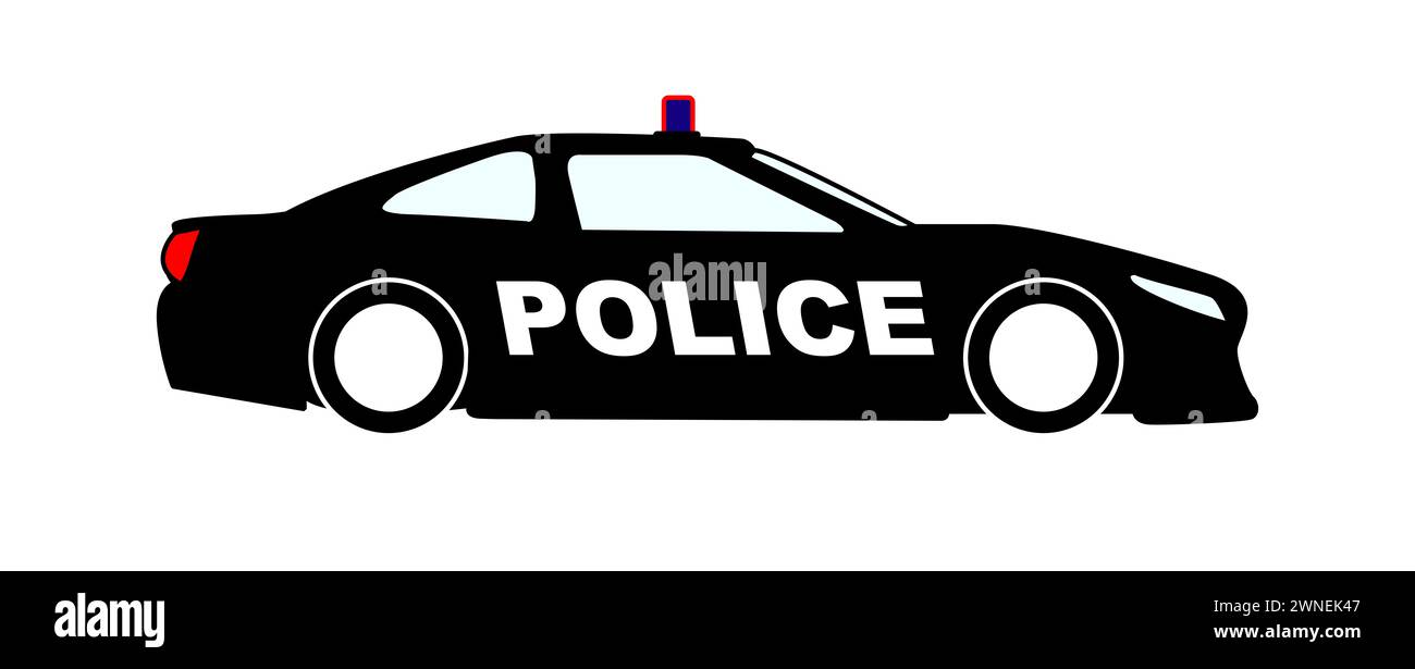 Ein typischer Sicherheitswagen der Polizei in schwarzer Umrandung auf weißem Hintergrund mit dem Text Polizei Stockfoto