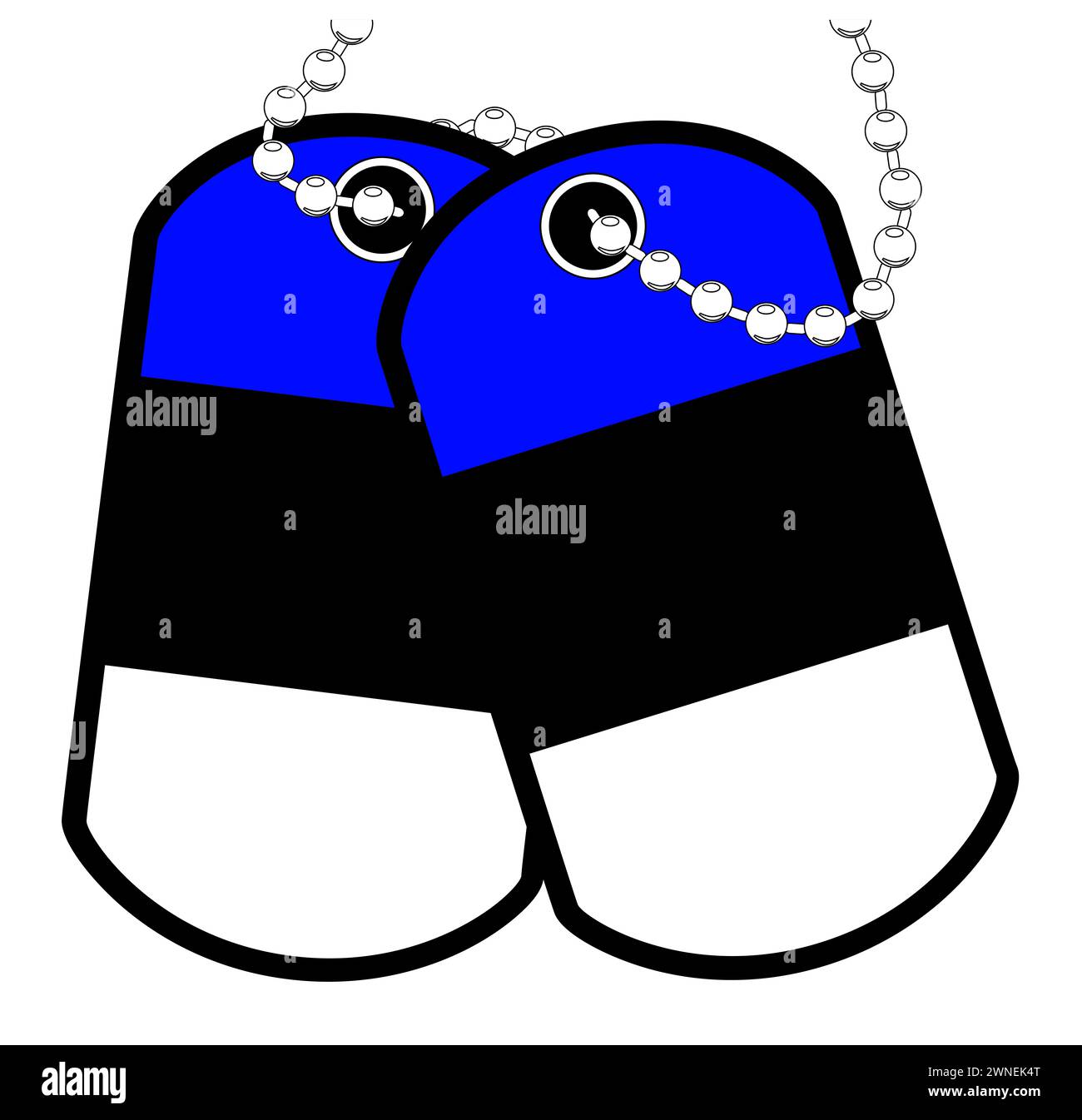 Ein Paar estnischer Militärhundetiketten mit Kette auf weißem Hintergrund, die die Farben der estnischen Nationalflagge zeigen Stockfoto