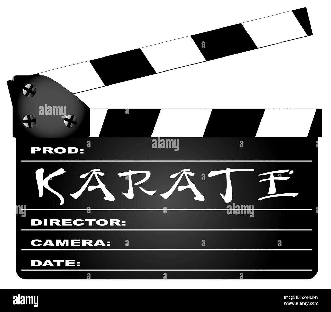 Eine typische Filmklappertafel mit der Legende Karate isoliert auf weiß. Stockfoto