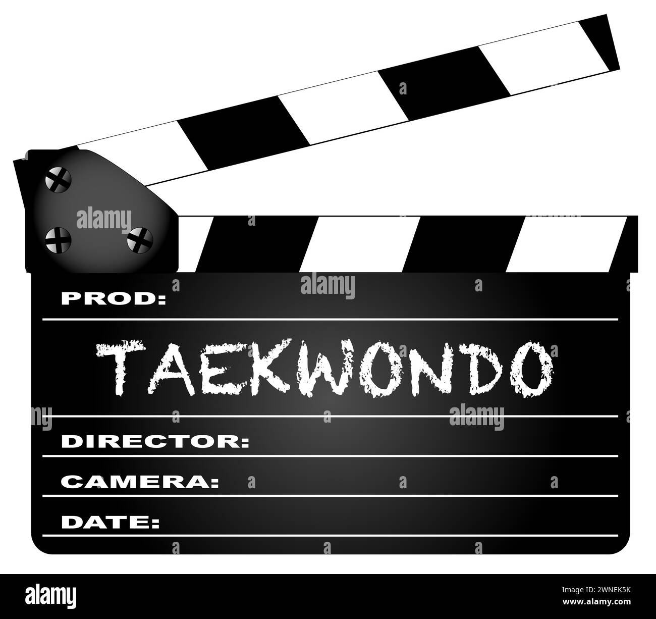 Eine typische Filmklappertafel mit der Legende Taekwondo isoliert auf weiß. Stockfoto