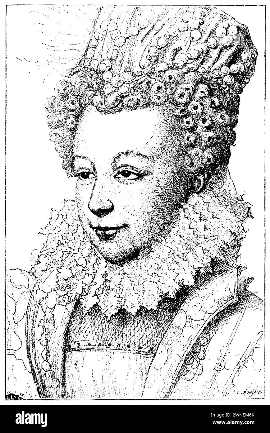 Margarete von Valois, auch Gen. la reine Margot (1553–1615), Königin von Frankreich und Navarra und Herzogin von Valois, nach einem Rotkreideporträt in der Pariser Nationalbibliothek, E. Ronjati (Literaturhistorisches Buch, 1895), Margarete von Valois, auch gen. la reine Margot (1553–1615), Königin von Frankreich und Navarra sowie Herzogin von Valois, nach einem Rötelporträt in der Pariser Nationalbibliothek, Marguerite de Valois, aussi appelée la reine Margot (1553–1615), reine de France et de Navarre et duchesse de Valois, d’après un Portrait en rouge à la Bibliothèque nationale de Paris Stockfoto