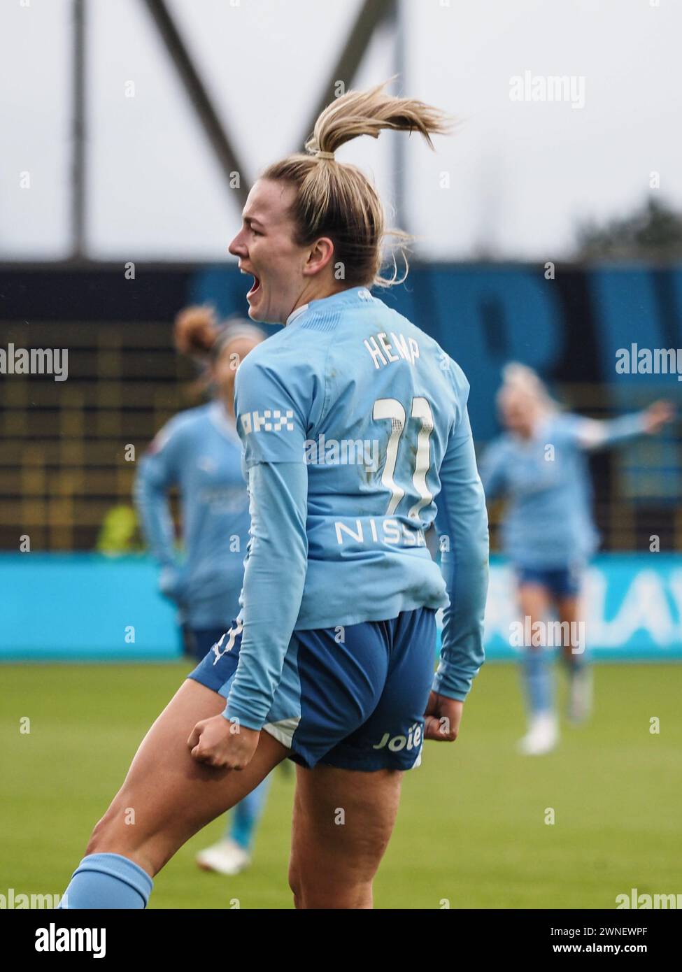 Manchester, Großbritannien. März 2024. Manchester, England, 2. März 2024: Lauren Hanp (11 Manchester City) feiert ihr Tor während des Barclays FA Womens Super League Fußballspiels zwischen Manchester City und Everton im Joie Stadium in Manchester, England (Natalie Mincher/SPP) Credit: SPP Sport Press Photo. /Alamy Live News Stockfoto