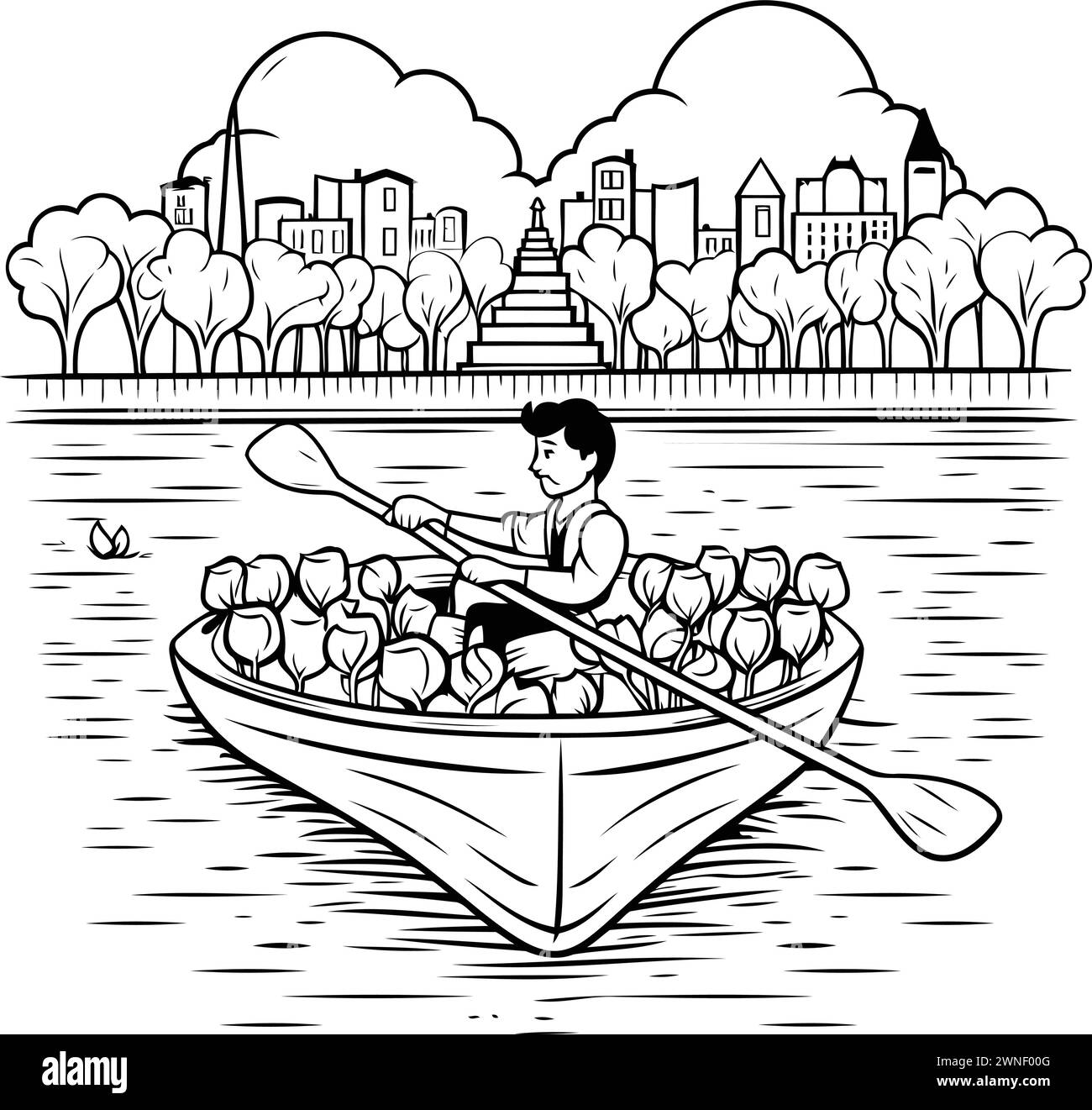 Mann rudert ein Boot mit Lotusblumen im Park Vektor-Illustration grafisches Design Stock Vektor