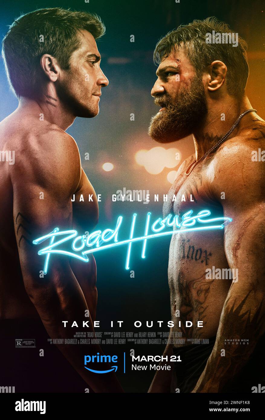Road House (2024) von Doug Liman mit Jake Gyllenhaal als Dalton und Conor McGregor als Knox. Ein ehemaliger UFC-Mittelgewichtskämpfer arbeitet in einer Bar in den Florida Keys, wo die Dinge nicht so sind, wie sie scheinen. US-Poster mit einem Blatt ***NUR FÜR REDAKTIONELLE ZWECKE***. Quelle: BFA / Amazon MGM Studios Stockfoto