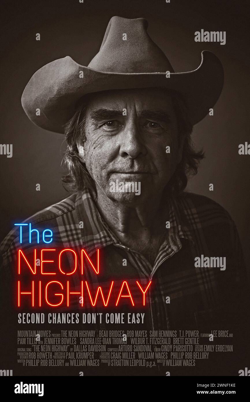 The Neon Highway (2024) unter der Regie von William Wages mit Beau Bridges, Rob Mayes und Sam Hennings. Ein Country-Sänger und eine verwaschene Legende Claude Allen reist nach Nashville, um ein Lied zu inszenieren, aber wenn die Branche sie ablehnt, finden sie einen Weg, das Lied selbst zu veröffentlichen. US-Poster mit einem Blatt ***NUR FÜR REDAKTIONELLE ZWECKE***. Kredit: BFA / Sessions Production Payroll Stockfoto