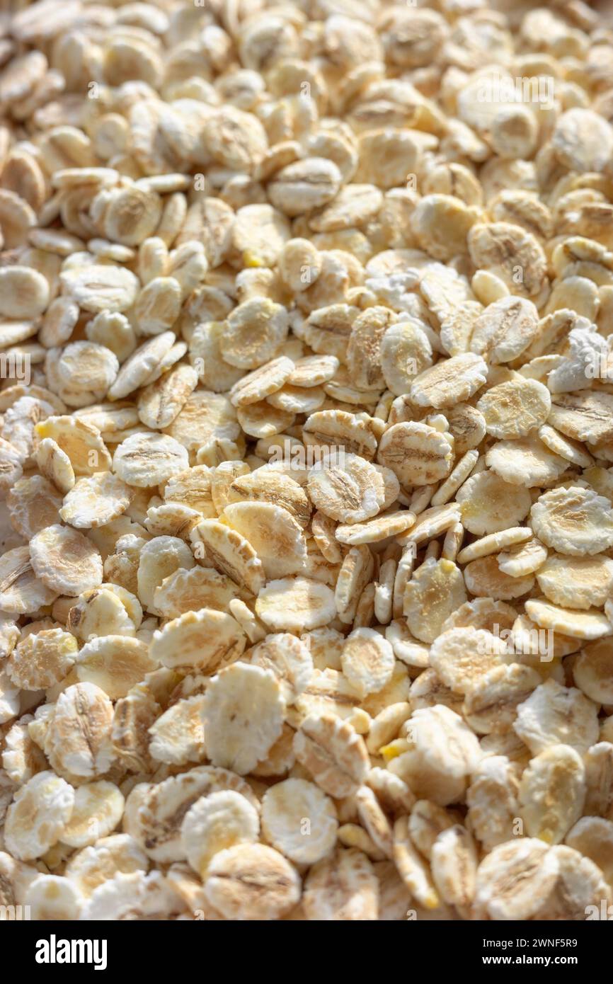 Nahaufnahme von Gerstenflocken, selektiver Fokus, Lebensmittelhintergrund. Stockfoto