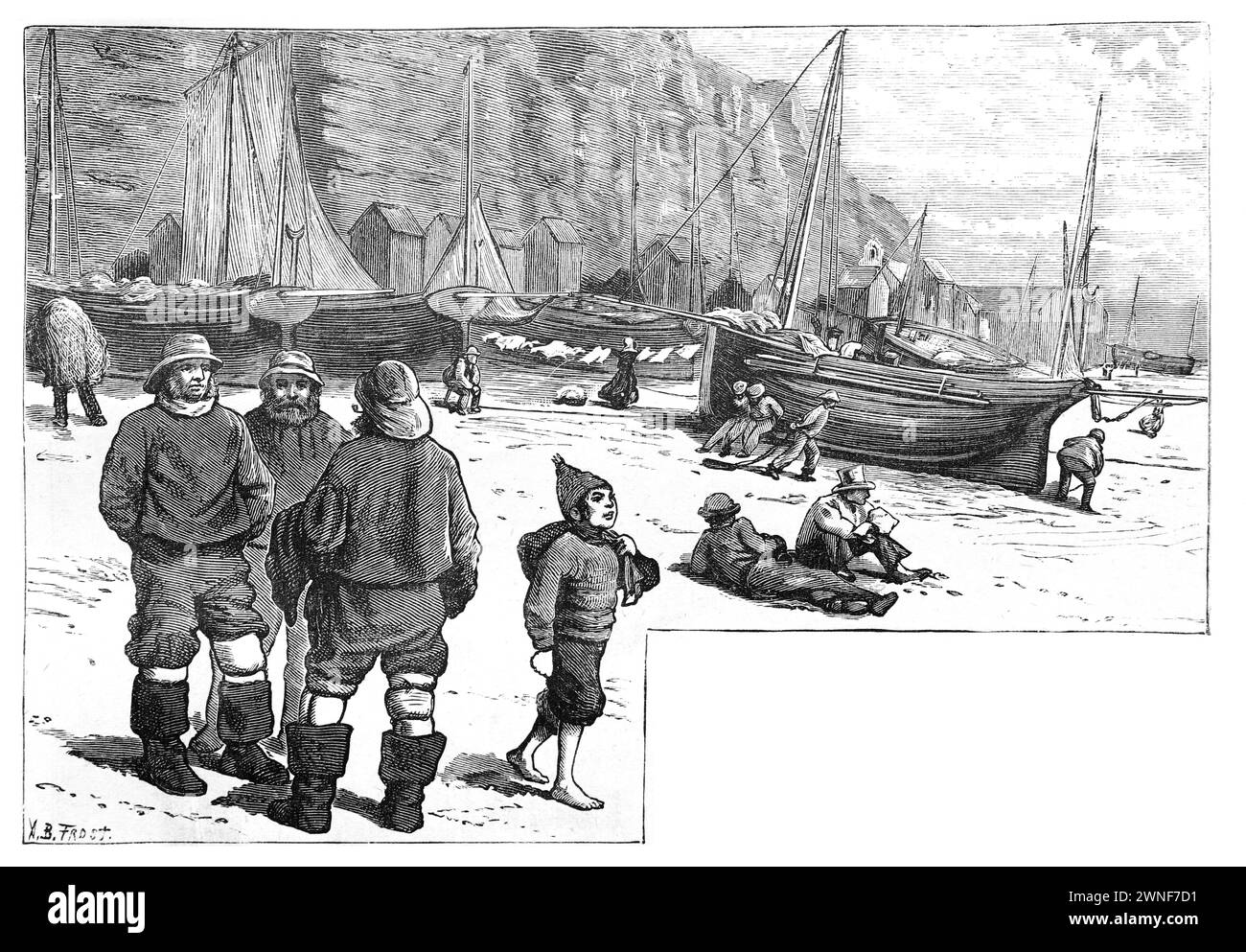 Fischer am Strand von Hastings; 19. Jahrhundert; Schwarzweiß-Illustration aus „Our Our Own Country“ ein beschreibender, historischer und bildhafter Leitfaden für Großbritannien, der Ende der 1880er Jahre von Cassell, Petter, Galpin & Co. Veröffentlicht wurde. Historische Bilder von Briatin. Stockfoto