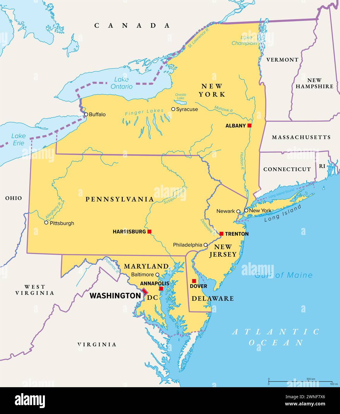 Mittelatlantische Region der Vereinigten Staaten, politische Karte. Gelegen in der Überschneidung zwischen Nordosten und Südosten staaten. Stockfoto