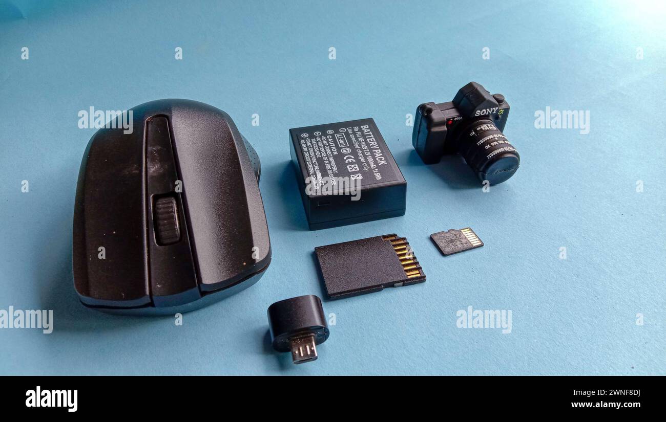 Wadaslintang, 24. Februar 2021, Fotospeicherkarte, Maus, Flash-Disk, Kamera-Akku, SD-Karte in schwarzer Speicherkarte, Maus, Blitz, Kamera-Akku, SD c Stockfoto