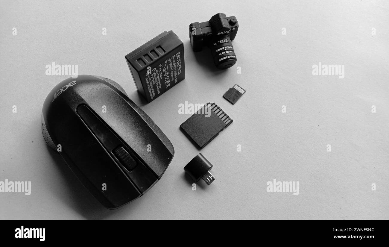Wadaslintang, 24. Februar 2021, Fotospeicherkarte, Maus, Flash-Disk, Kamera-Akku, SD-Karte in schwarzer Speicherkarte, Maus, Blitz, Kamera-Akku, SD c Stockfoto