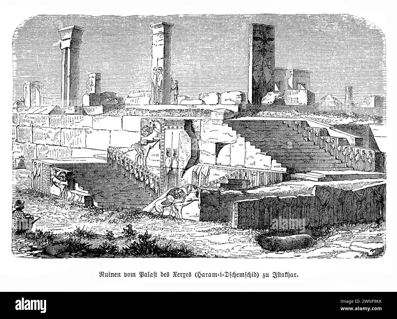 Der Palast von Xerxes Ruinen in Persepolis. Inmitten der antiken Pracht von Persepolis stehen die Ruinen des Palastes von Xerxes als eindringliche Erinnerung an die Macht und den architektonischen Einfallsreichtum des Achämenidenreiches. Einst das Herz eines weitläufigen Komplexes, der den Ruhm von Xerxes dem Großen demonstrieren sollte, liegen diese Ruinen nun still, ihre Steine flüstern Geschichten von vergangener Pracht und feierlichen Zeremonien. Der Palast mit seinen großen Hallen und komplizierten Reliefs war ein Wunder der antiken Ingenieurskunst und spiegelt den weltoffenen Geist seiner Zeit wider. Stockfoto