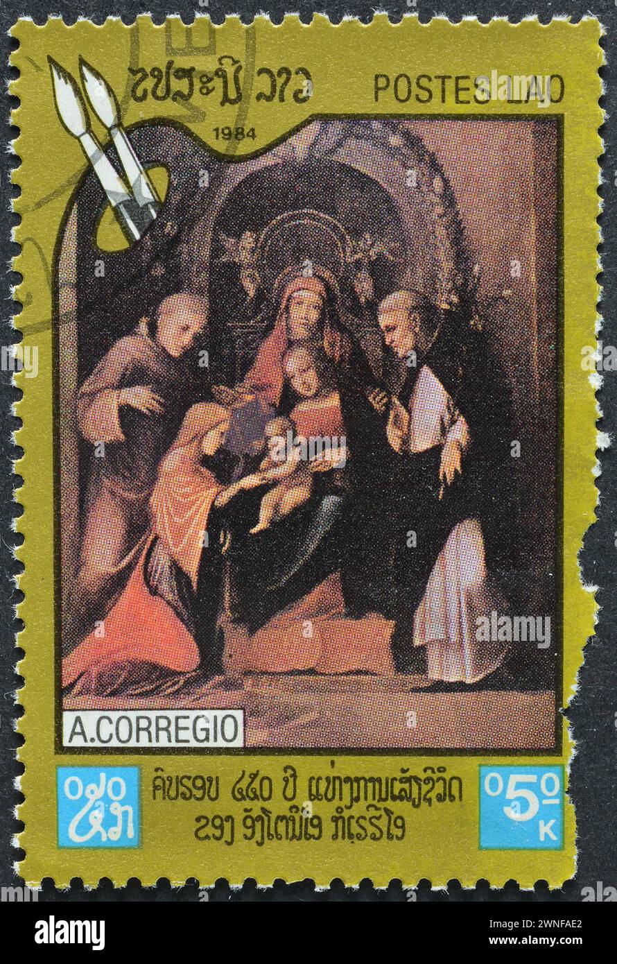 Gestempelte Briefmarke von Laos, die das Gemälde der mystischen Ehe des Heiligen zeigt Catherine, ca. 1984. Stockfoto