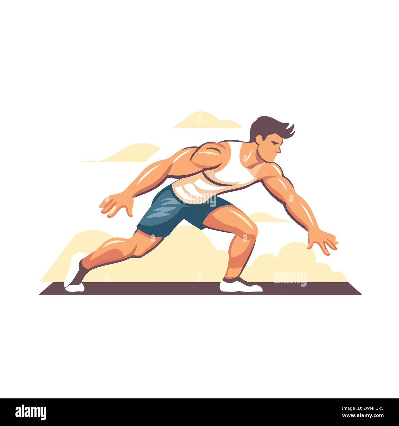 Vektor-Illustration eines männlichen Athleten, der auf der Strecke läuft. Athlet läuft an der Ziellinie. Stock Vektor