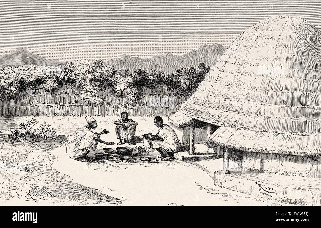 Missionsunterkunft in Fougoumba, Guinea. Afrika. Zwei Feldzüge im Französischen Sudan, 1886-1888 von Joseph Simon Gallieni (1849–1916) Le Tour du Monde 1890 Stockfoto