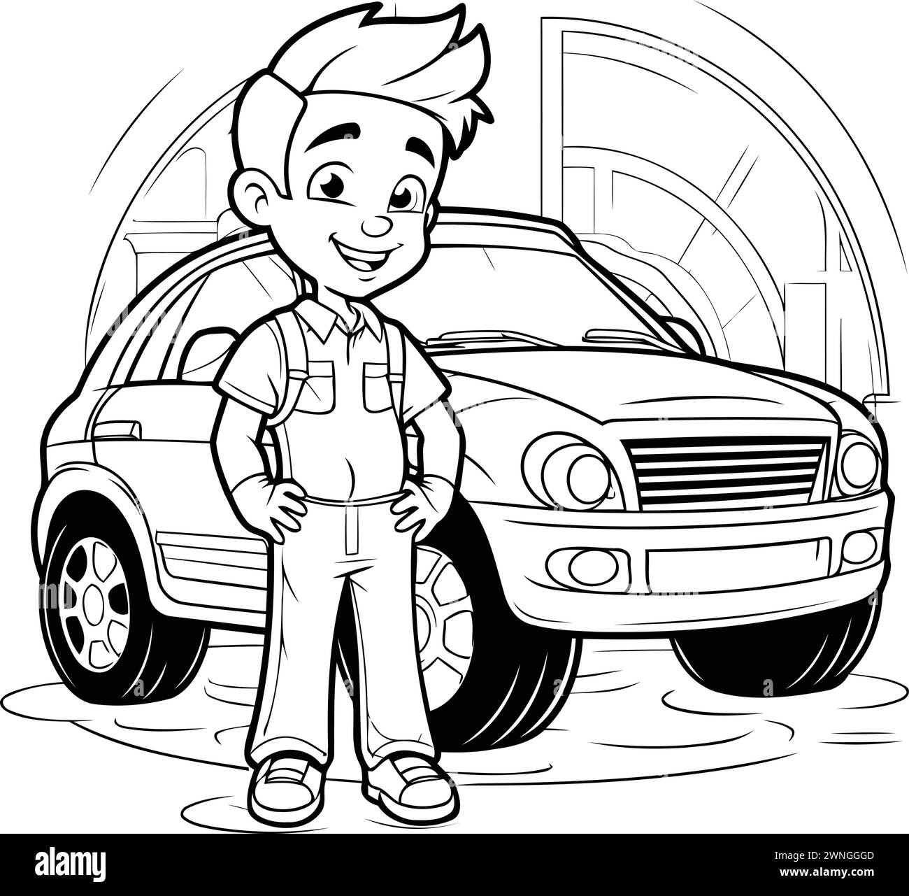 Schwarz-weiß-Cartoon-Illustration eines Teenagers, der Arbeitskleidung trägt und neben seinem Auto steht Stock Vektor